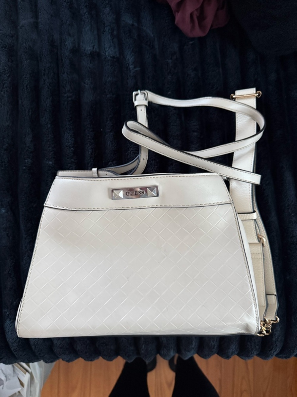GUESS Cream Quilted Crossbody Bag with Adjustable Strap